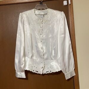 White Puff Sleeve Blouse with Mandarin Collar